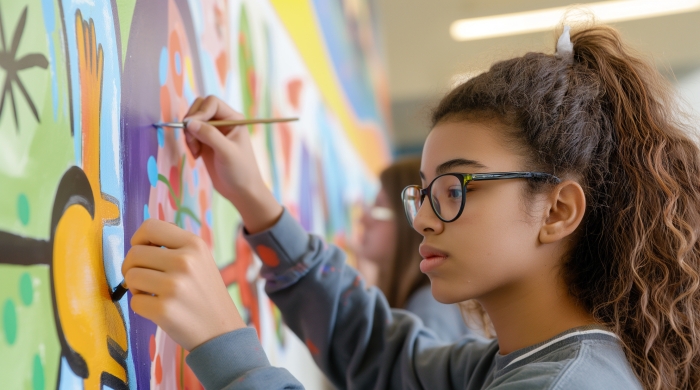 Image captures high school student painting a mural in the her school hallway. The student, sporting a high pony-tail and brown eye-glasses uses her paint brush to address the mural on the schoolhouse wall.  