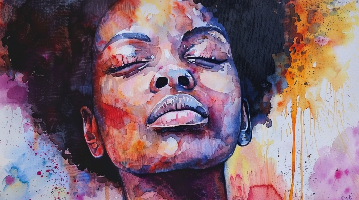 Image captues watercolored based recreation of a Black Woman's face. The photo centers on a face at rest with closed eyes.