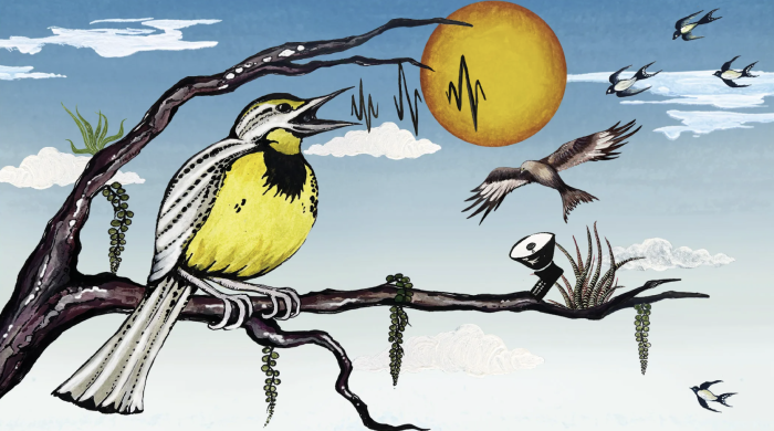 Simple painting of a bird sitting on a tree branch