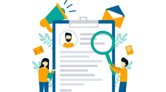 Image shows man and woman working on a resume that is attached to a clipboard. Man is holding a magnifying glass over the resume. The clipboard is surrounded by pictures of an envelope and megaphone