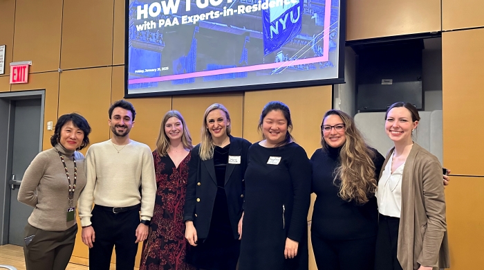 A group photo of the resident expert panelists and moderators. From left to right: Minji Kim, Albert Martínez-Fernández, Caylin Waller, Mara Vlatković, Mengtong Guan, Tiffany Garcia, Emily Mathis Corona
