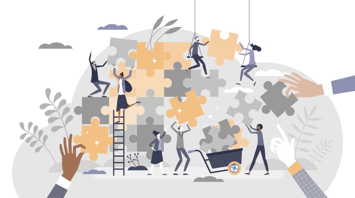 Teamwork jigsaw puzzle as partnership work assistance tiny person concept, transparent background. Team unity help for project challenges illustration.