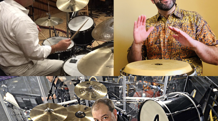 Three images combines of percussion faculty all performing on their instruments