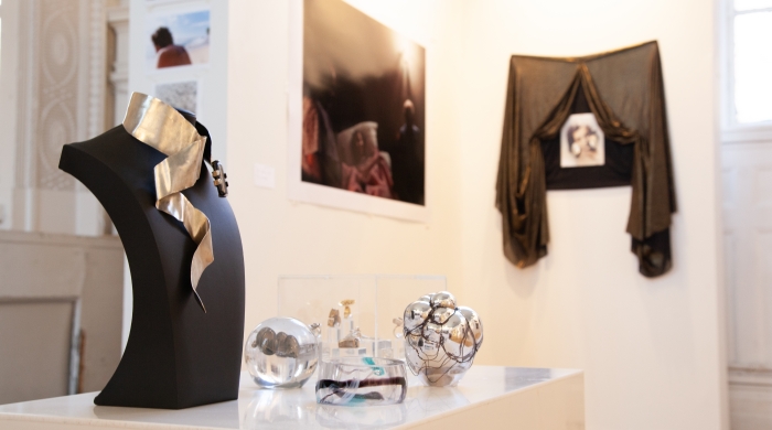 An installation shot of a student exhibition in the commons gallery