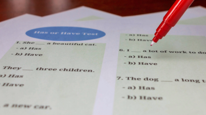 A red pen hovers over a vocabulary test