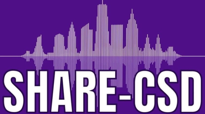 Purple logo reading 'SHARE-CSD' with the NYC skyline edited to look like it was carved out of a speech waveform