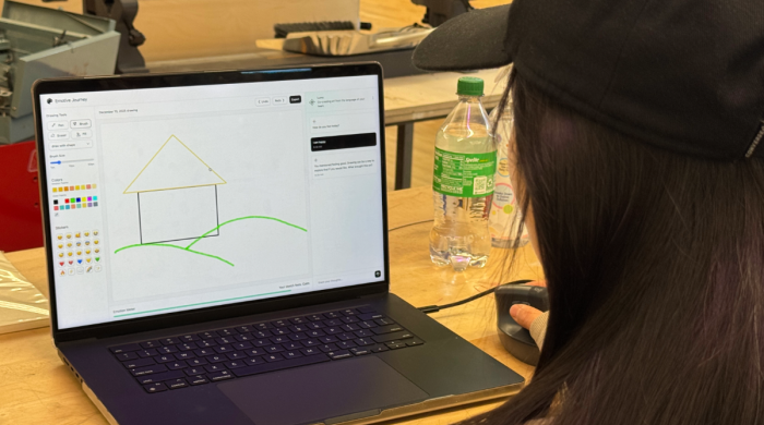 Young woman looks at a laptop screen showing a simple rectangle house with a triangle roof on top of a hill drawn with two downward sloping lines