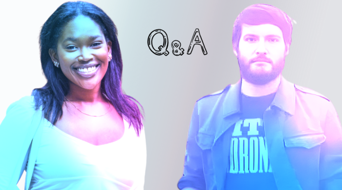 a picture of student Robin Young alongside faculty Jason Kinder. Both pictures have been isolated and appear in front of a gradient gray background. They have been colorized to shades of pink and blue.