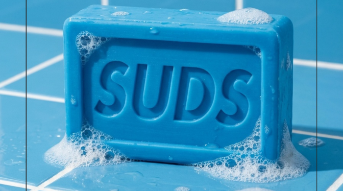 Blue graphic flyer featuring a blue bar of soap on blue shower tiles