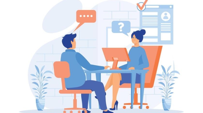 job-interview-a-man-talking-to-a-young-woman-with-laptop-flat-modern-illustration