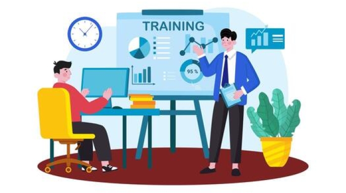 Image of manager standing in front of a presentation and employee sitting in chair