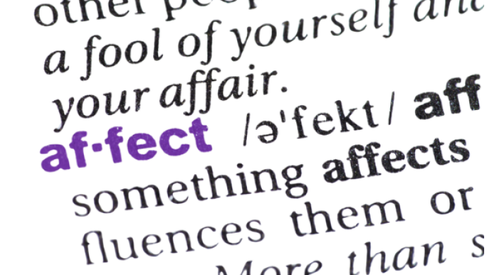 A close-up photograph of a dictionary page highlighting the word affect.