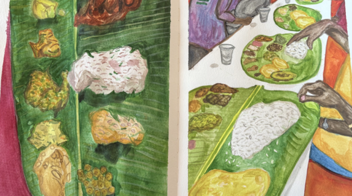 A sketchbook painted with two scenes of Indian food: the food itself and hands at a table eating it.