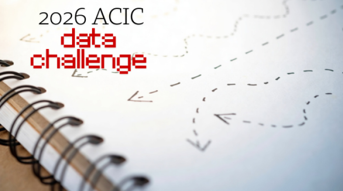2026 ACIC Data Challenge text over notebook with different dotted lined arrrows