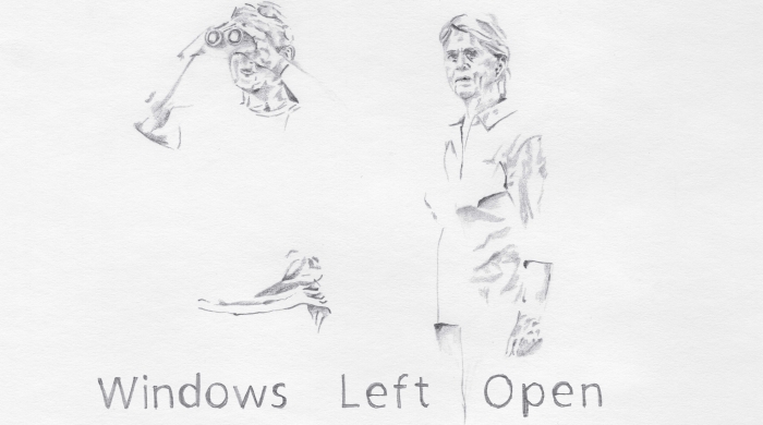 Flyer for exhibition Windows Left Open featuring a drawing of two men, one of them is looking through binoculars.