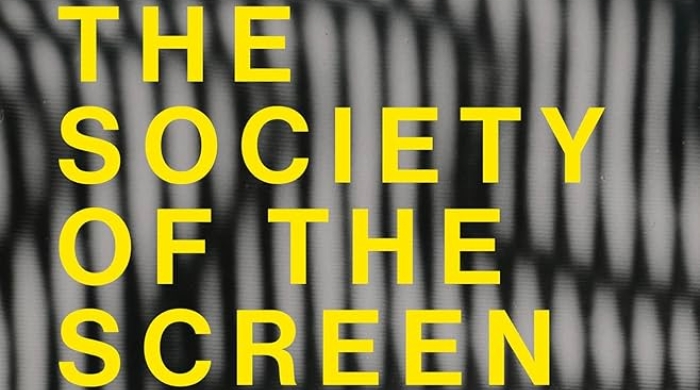 Book cover with yellow text on top of a distorted grid of gray circles on a black background.