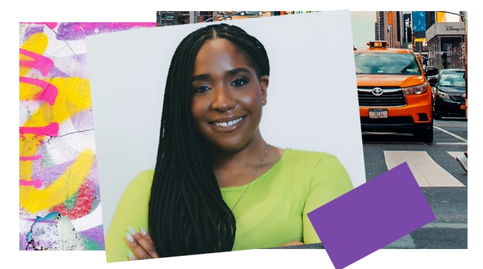 Autumn Colón, framed by paper scraps to evoke a collage