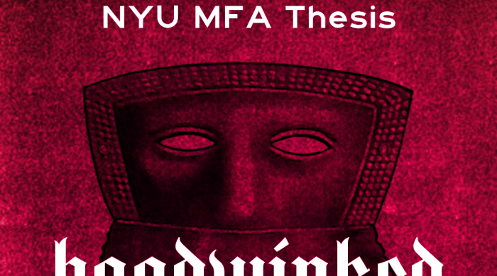 NYU MFA Thesis flyer featuring the show title in German style font in front of an ancient mask. Both are overlayed on top of a red textured background.