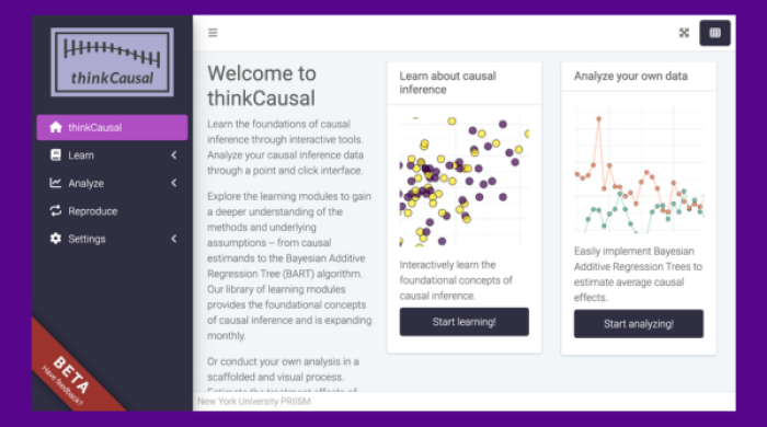Screenshot of welcome page for thinkCausal software program with menu bar including options to: Learn, Analyze, Reproduce, and Settings 
