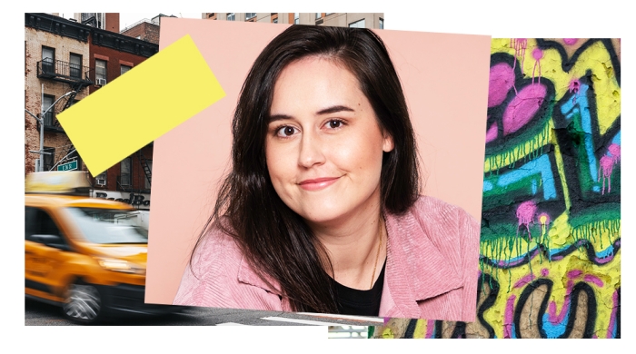 Emily Gaffga, surrounded by a collage-style frame