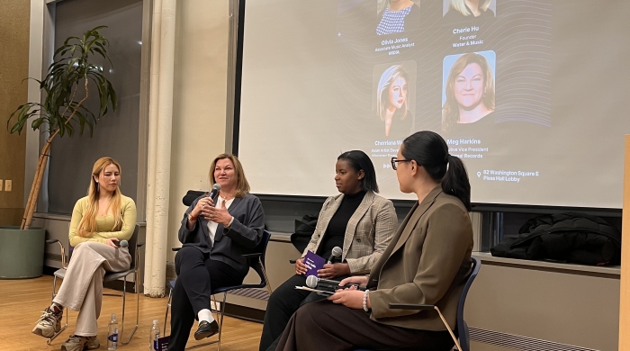 Cherriana Wang, Meg Harkins, Olivia Jones, and Cherie Hu engaged in a panel discussion
