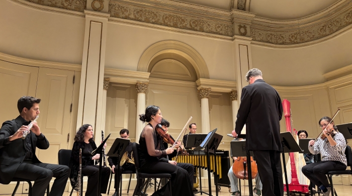 a small orchestra plays inside a carnegie hall theater