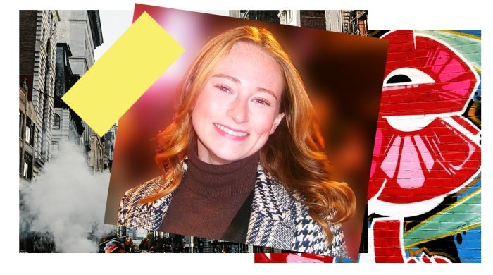 Makenzie Kuntz framed by scraps of paper to evoke a collage