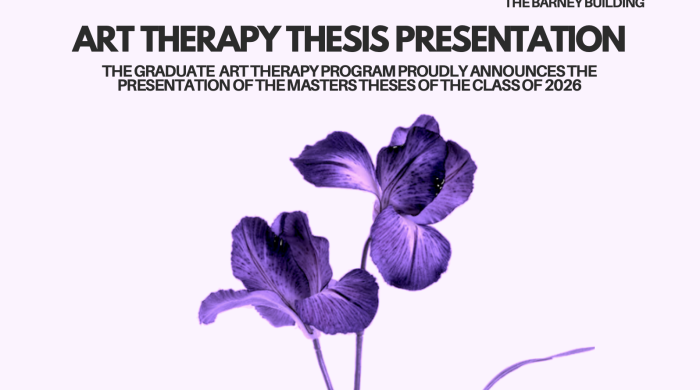 A graphic with black block text and a graphic purple flower with three petals each.