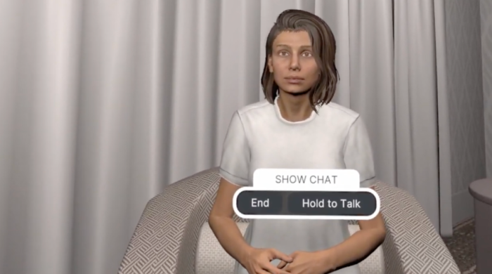 VR interface showing a woman and an option to end the chat or hold to talk