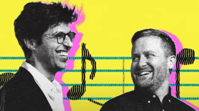 Bright yellow and pink graphic with photo of podcast Switched on Pop creators in black and white