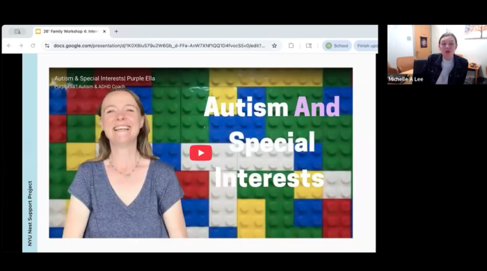 A screenshot of a presentation showing a video about autism and special interests
