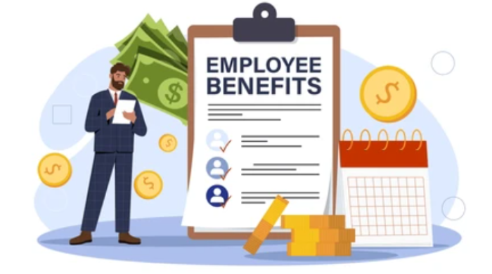 Man in suit near clipboard that displays "employee benefits". Calendar, coins and money surround the image