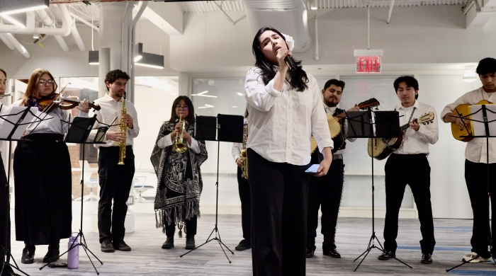 Mariachi instrumental performers and one singer in the center