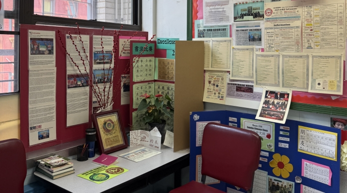 A classroom with posters and a desk