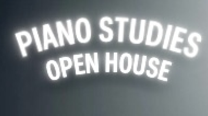 Piano Studies Open House written in white on top of black to gray background