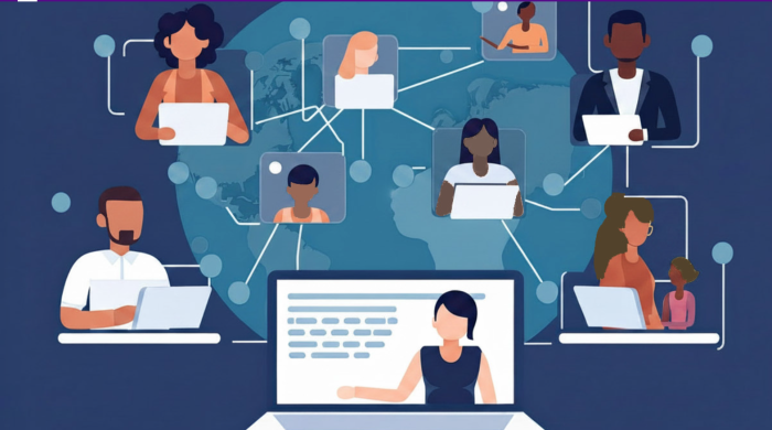 A series of cartoon images of people with laptops, connected by lines, to show connections