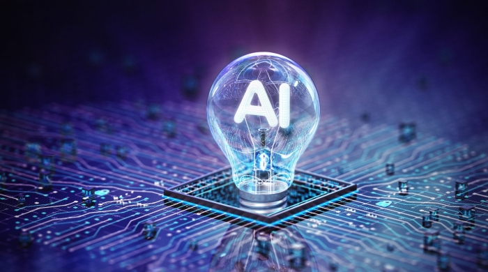 Image of a motherboard with a lightbulb popping up that says "AI" inside. 