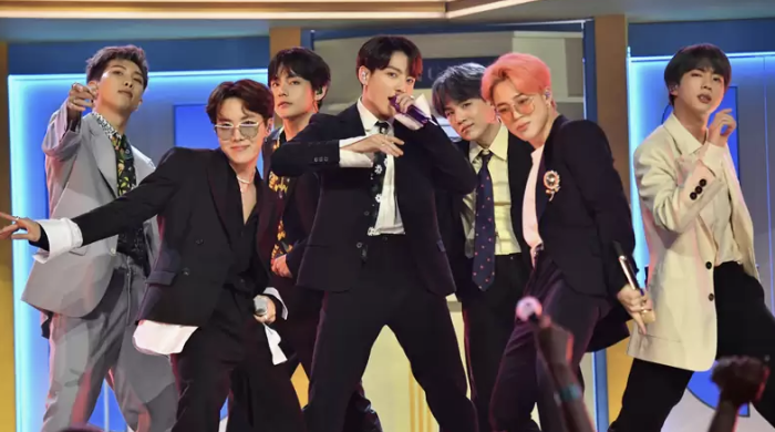 South Korean K-pop group BTS on stage posing