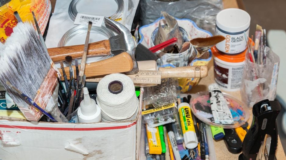 Art supplies on table. 