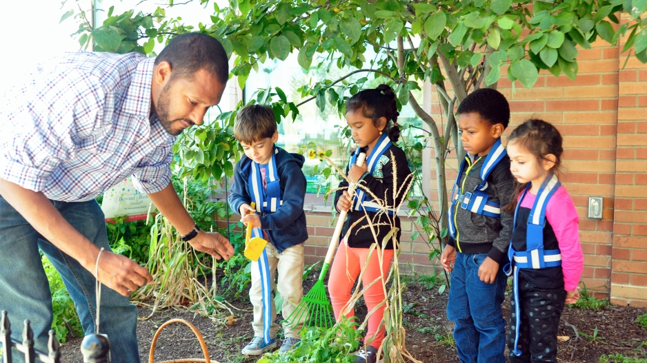 An environmental educator teaching four children how to garden