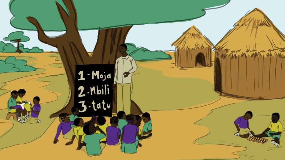 Man teaching numbers to children under a tree