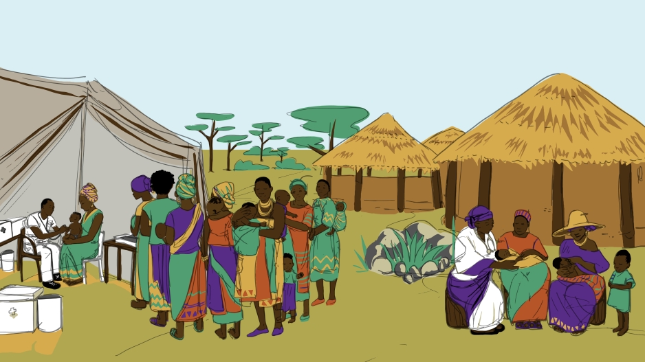 Illustration of people in African village
