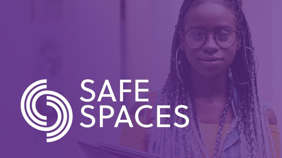 A young woman with a purple filter over her picture and the Safe Spaces logo