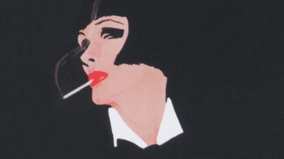 Poster of women smoking cigarette in suit.