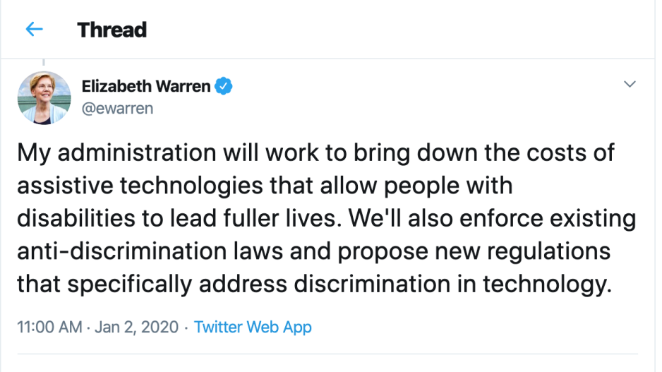 Warren tweets about tech and bias
