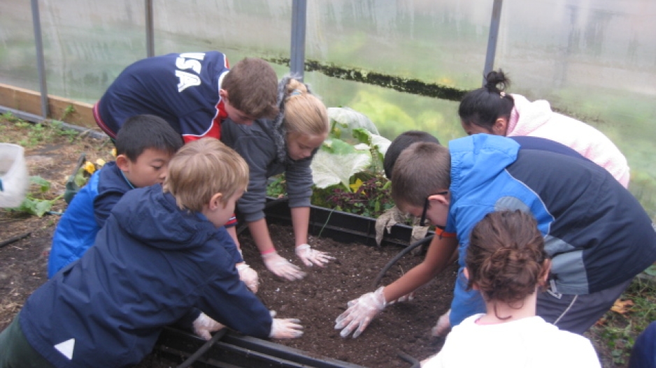 Students planting in greenhouse