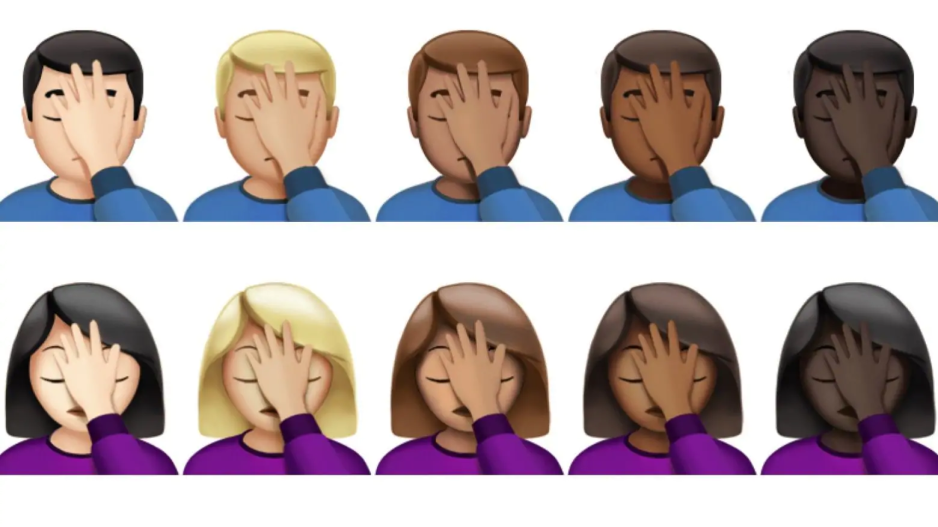 Facepalm emojis of different skin tones
