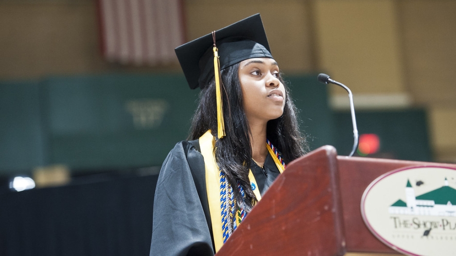 A senior giving speech in a graduation ceremony