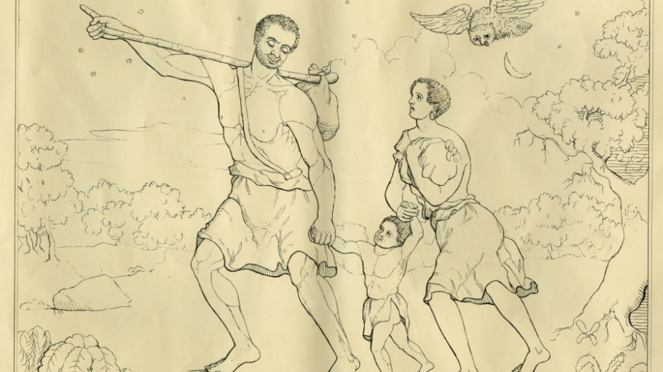 Drawing of the great escape of a man and woman with a child and bird