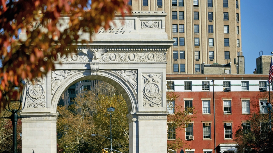 Washington Square Arch with Fall foliage in the foreground